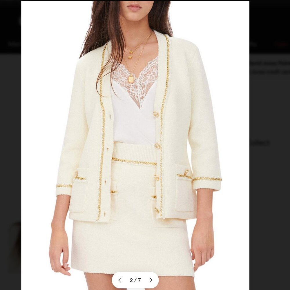 Maje Moxette Chain Trim Tweed Gold Button Cardigan and Skirt Set